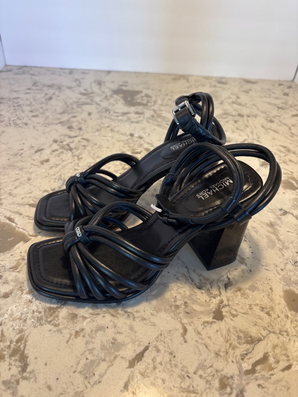 Michael Kors Black Leather Astra Sandals Knotted Straps Block Heel Sz 6 M - Picture 2 of 6